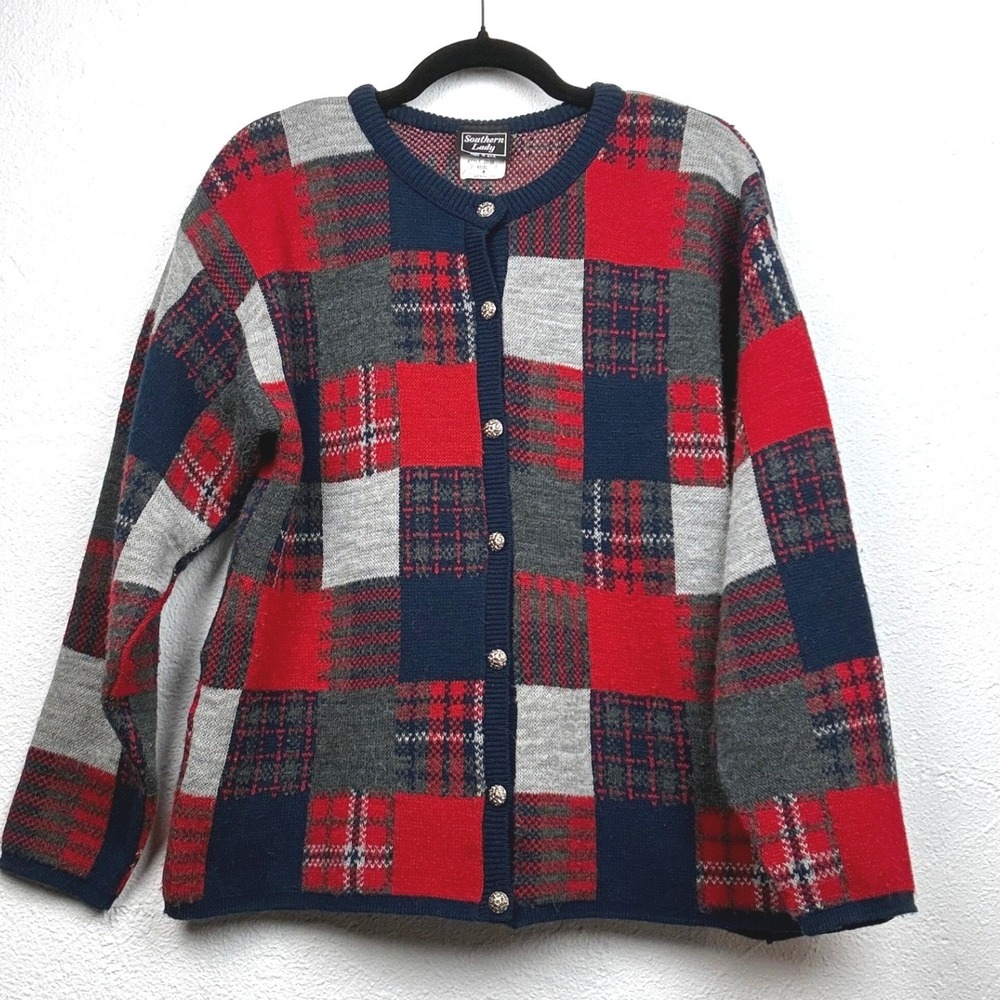 Southern Lady Red Plaid Patchwork Button Front Cardigan - M - Vintage USA Made